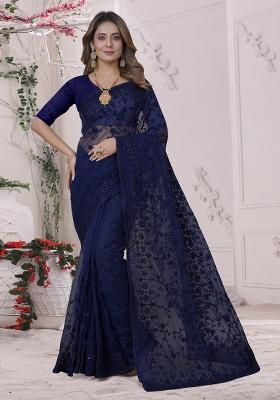 Navy Blue Embroidered Net Saree Set