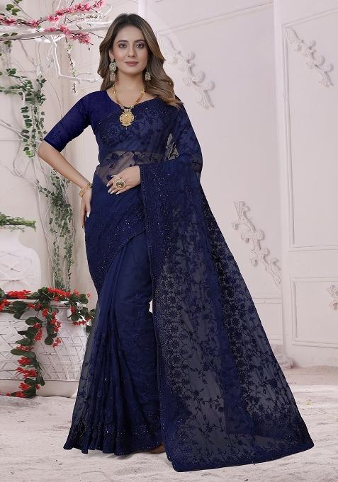 Navy Blue Embroidered Net Saree Set