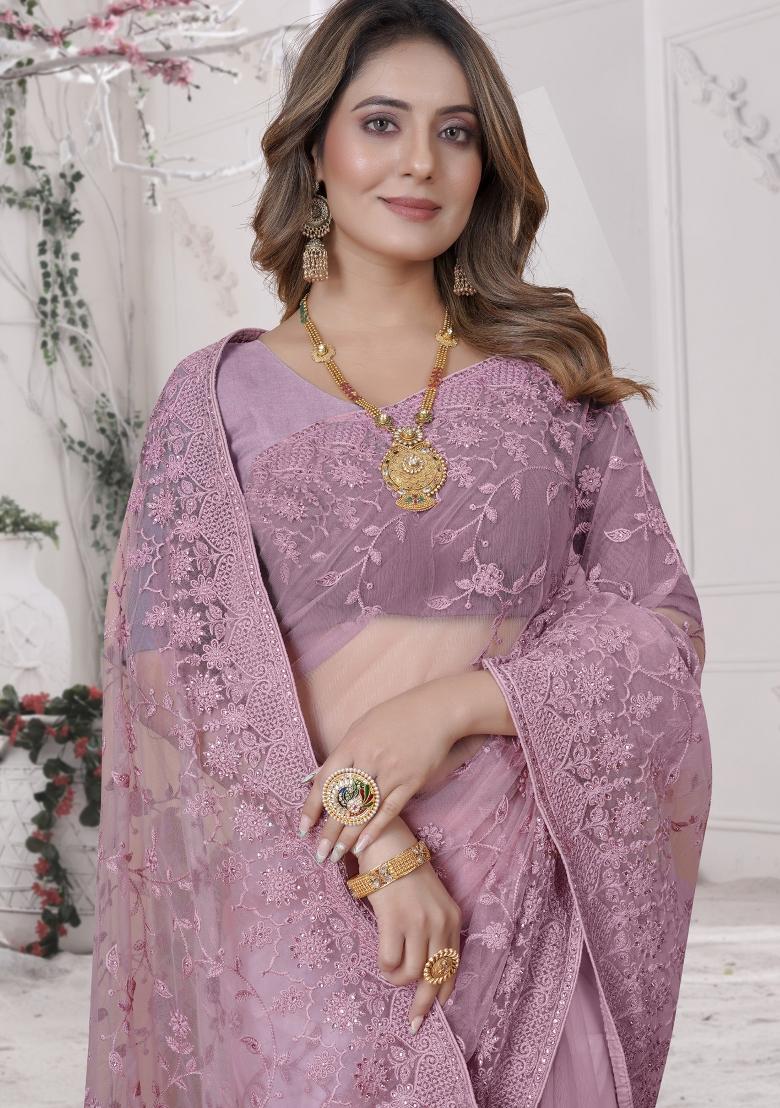 Pink Embroidered Net Saree Set - Indya
