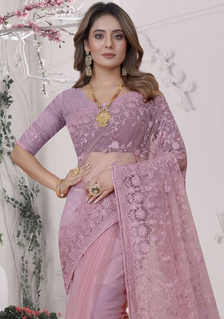 Pink Net Saree Set with Embroidered for Diwali | Wedding & Festive Wear - Indya