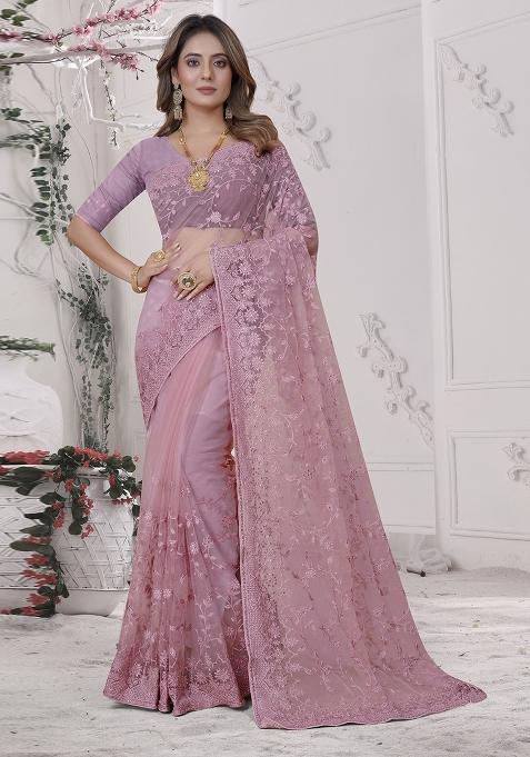 Pink Embroidered Net Saree Set