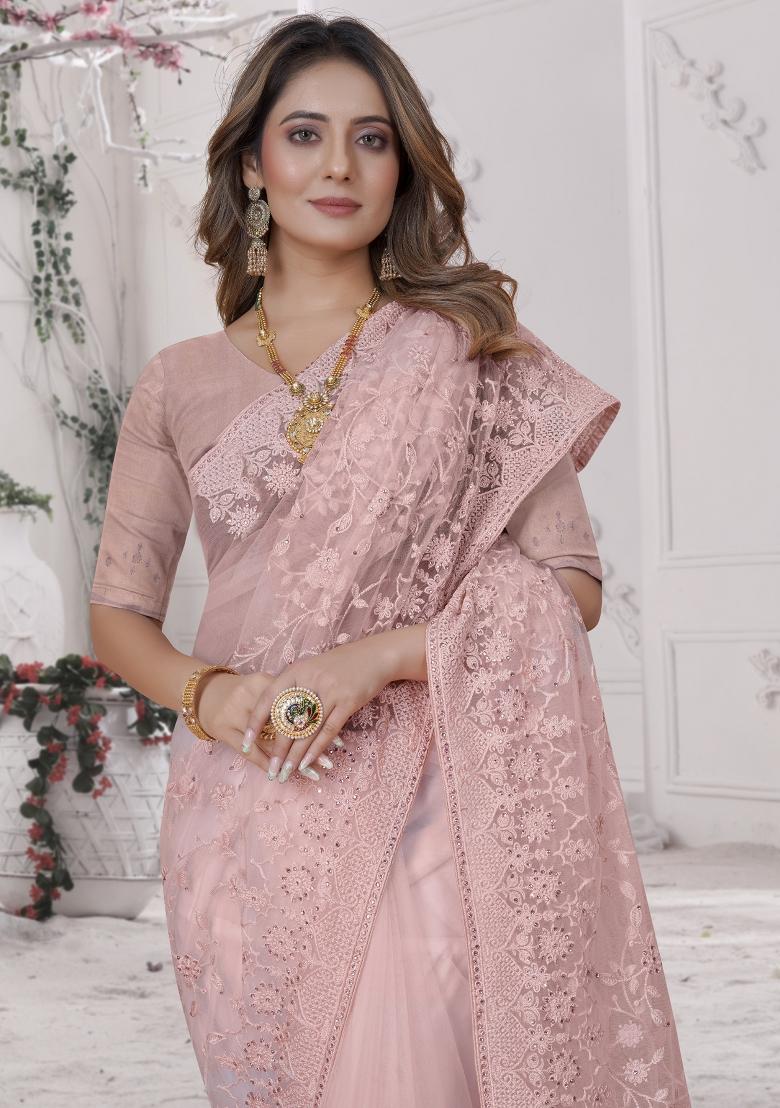 Peach Embroidered Net Saree Set - Indya