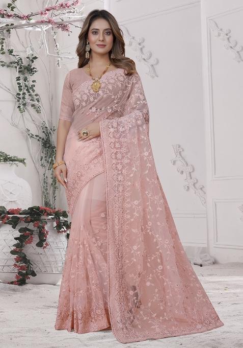 Peach Embroidered Net Saree Set