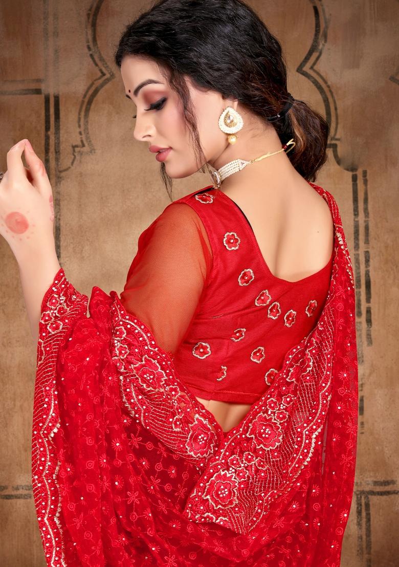 Red Embroidered Net Saree Set - Indya