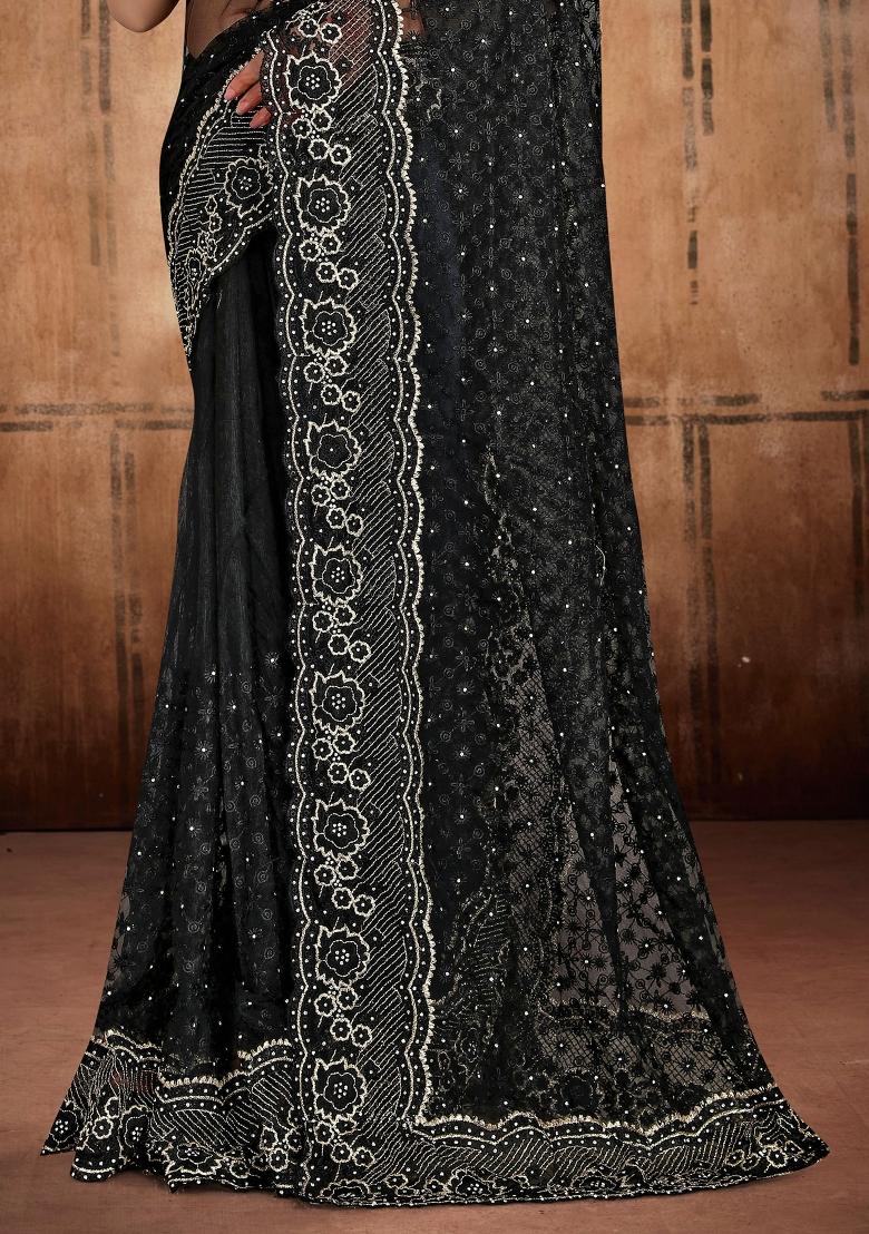 Black Embroidered Net Saree Set - Indya