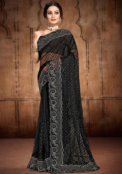 Black Embroidered Net Saree Set