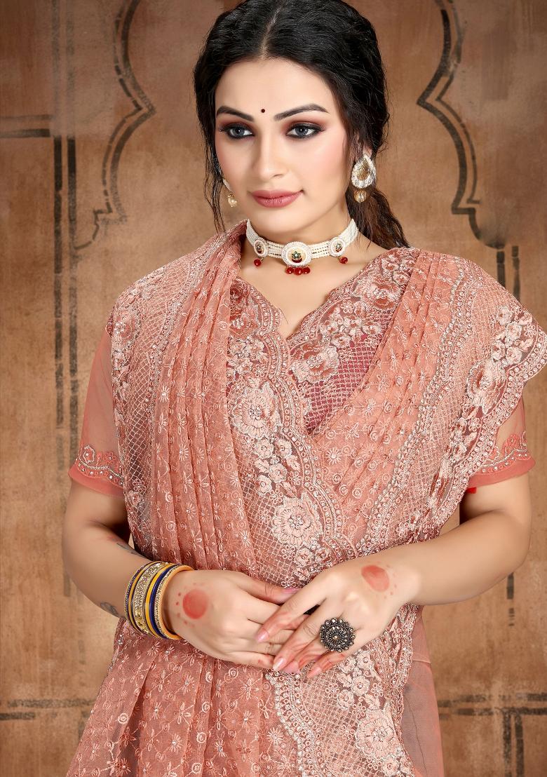 Rust Embroidered Net Saree Set - Indya