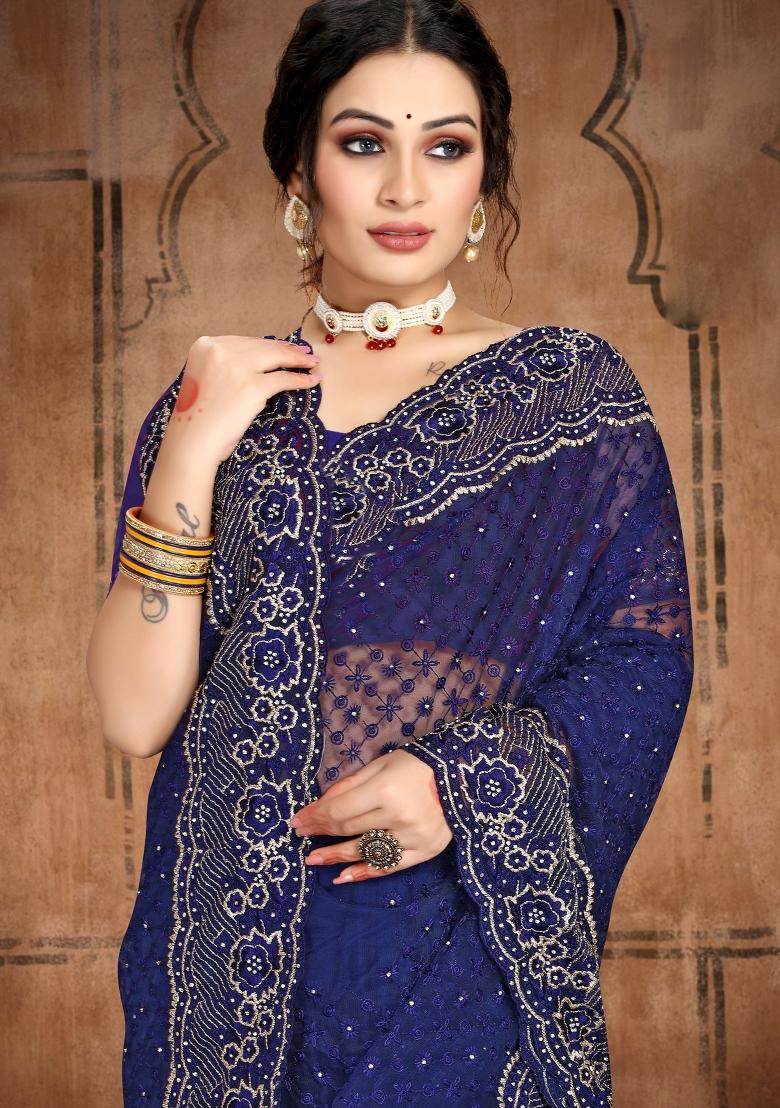 Navy Blue Embroidered Net Saree Set - Indya