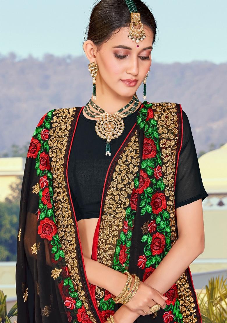 Black Embroidered Georgette Saree Set - Indya