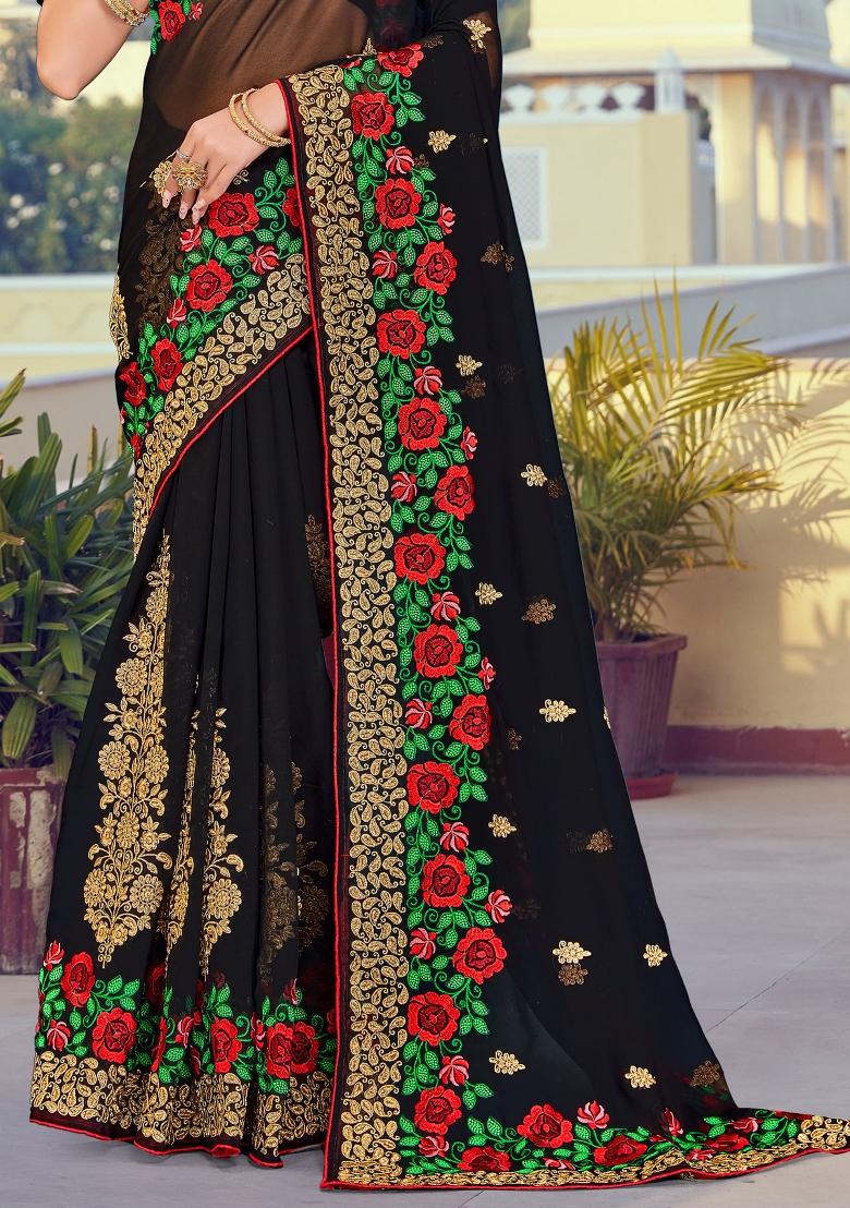Black Embroidered Georgette Saree Set - Indya