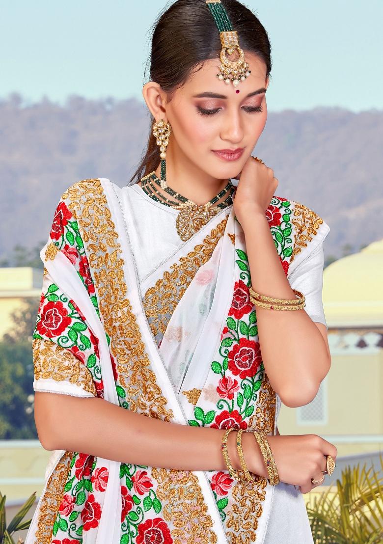 White Embroidered Georgette Saree Set - Indya