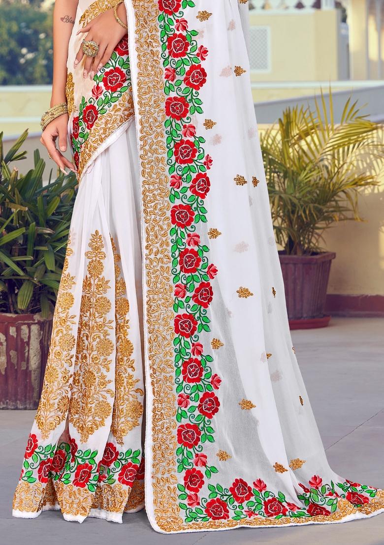 White Embroidered Georgette Saree Set - Indya