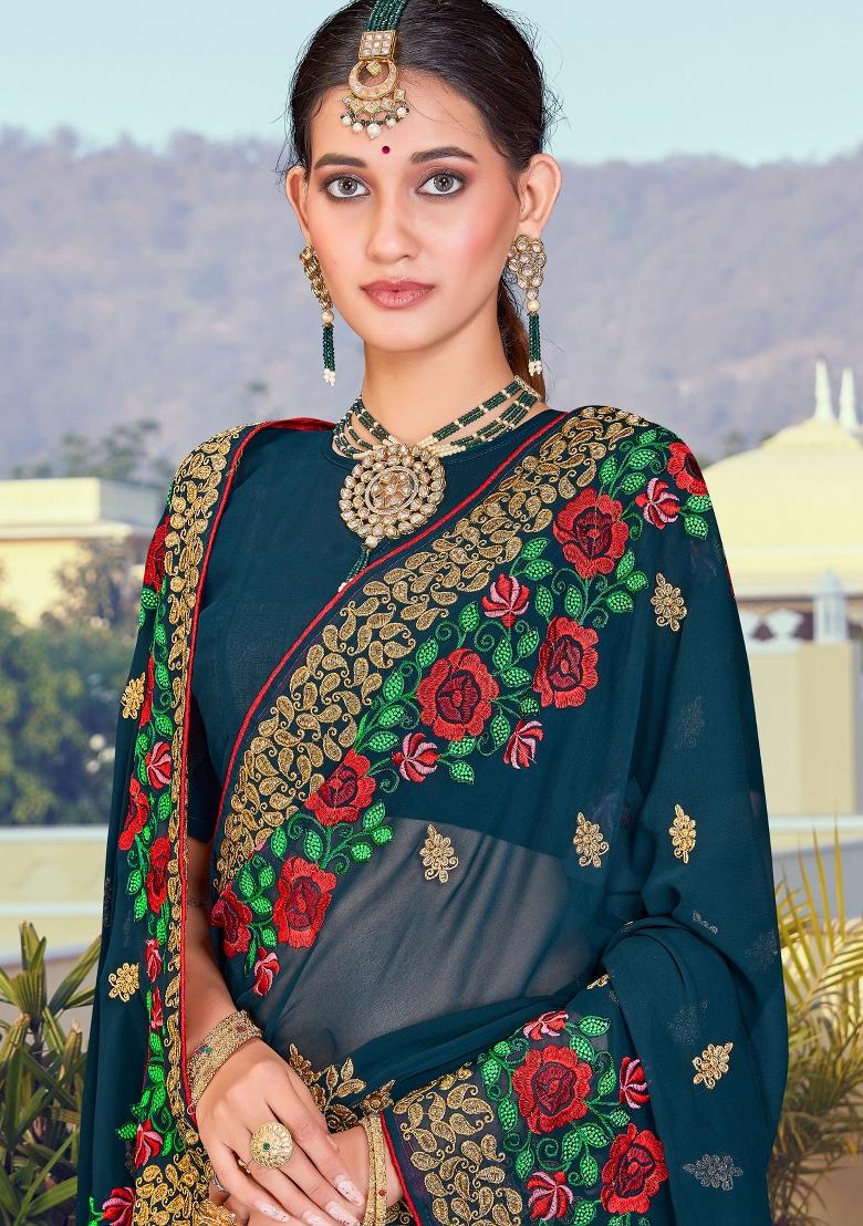 Teal Blue Embroidered Georgette Saree Set - Indya