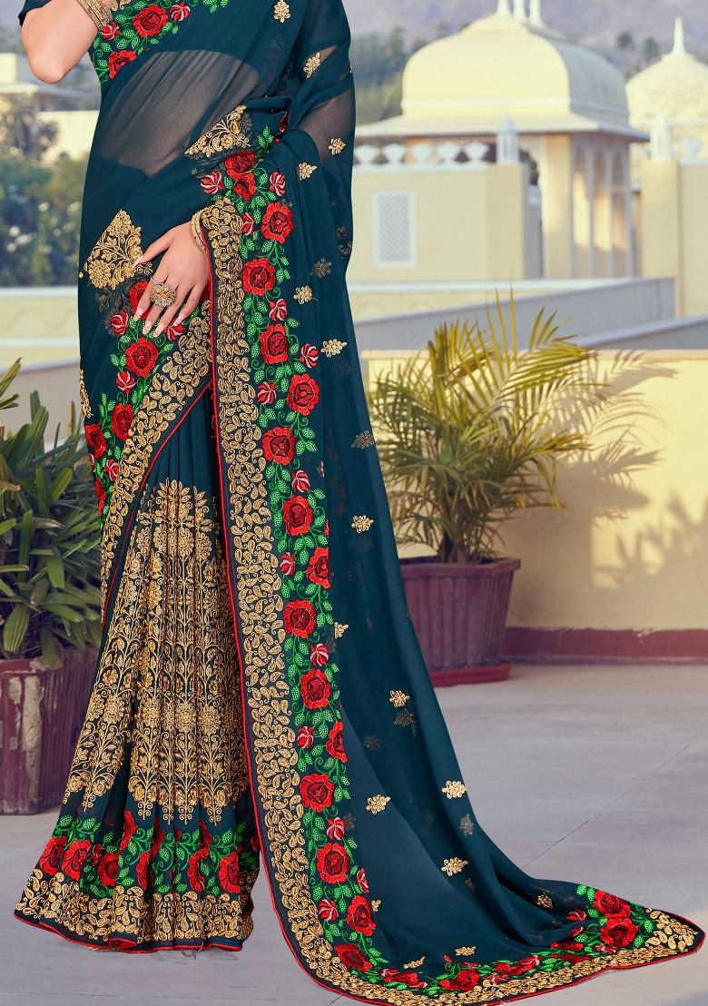 Teal Blue Embroidered Georgette Saree Set - Indya
