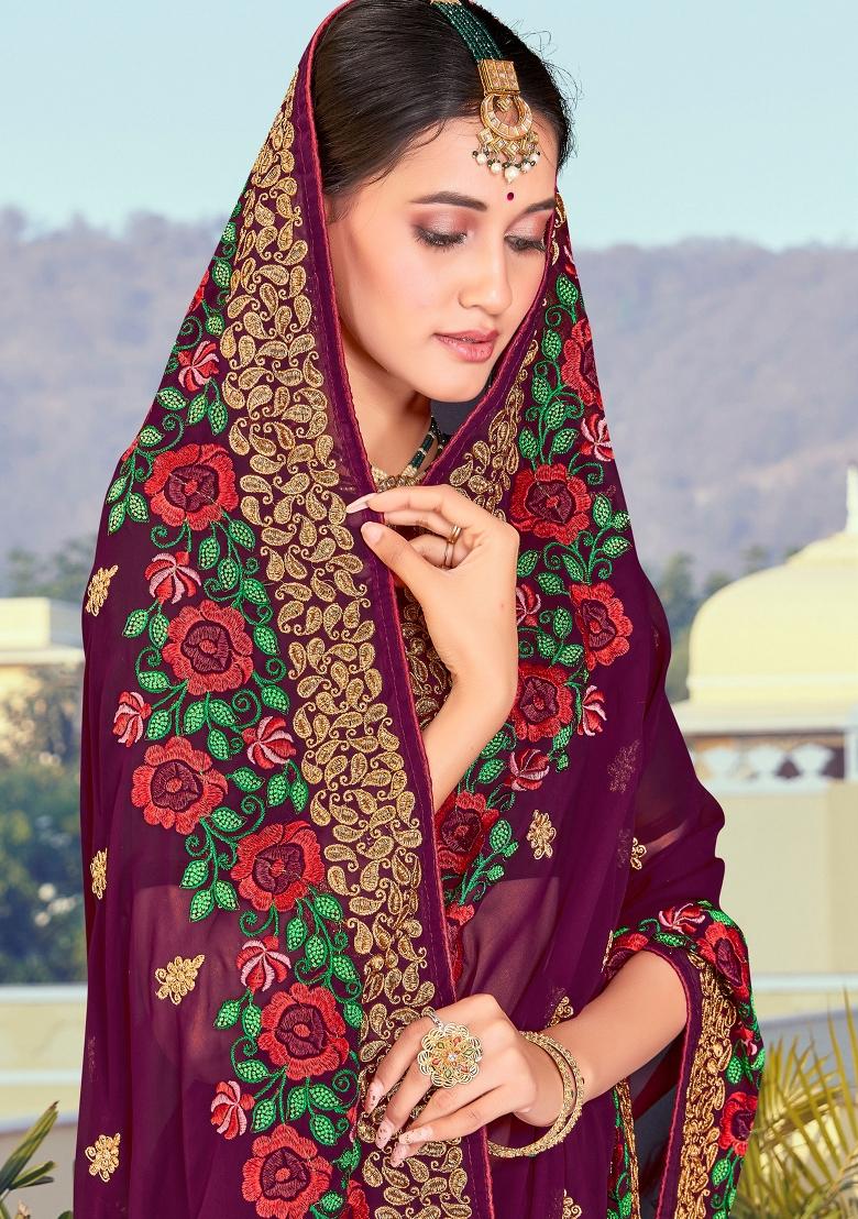 Wine Embroidered Georgette Saree Set - Indya
