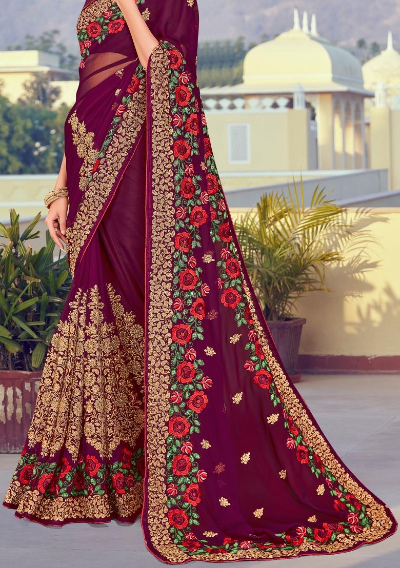 Wine Embroidered Georgette Saree Set - Indya