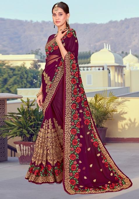 Wine Embroidered Georgette Saree Set