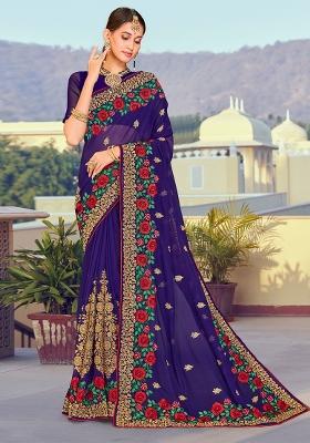 Navy Blue Embroidered Georgette Saree Set