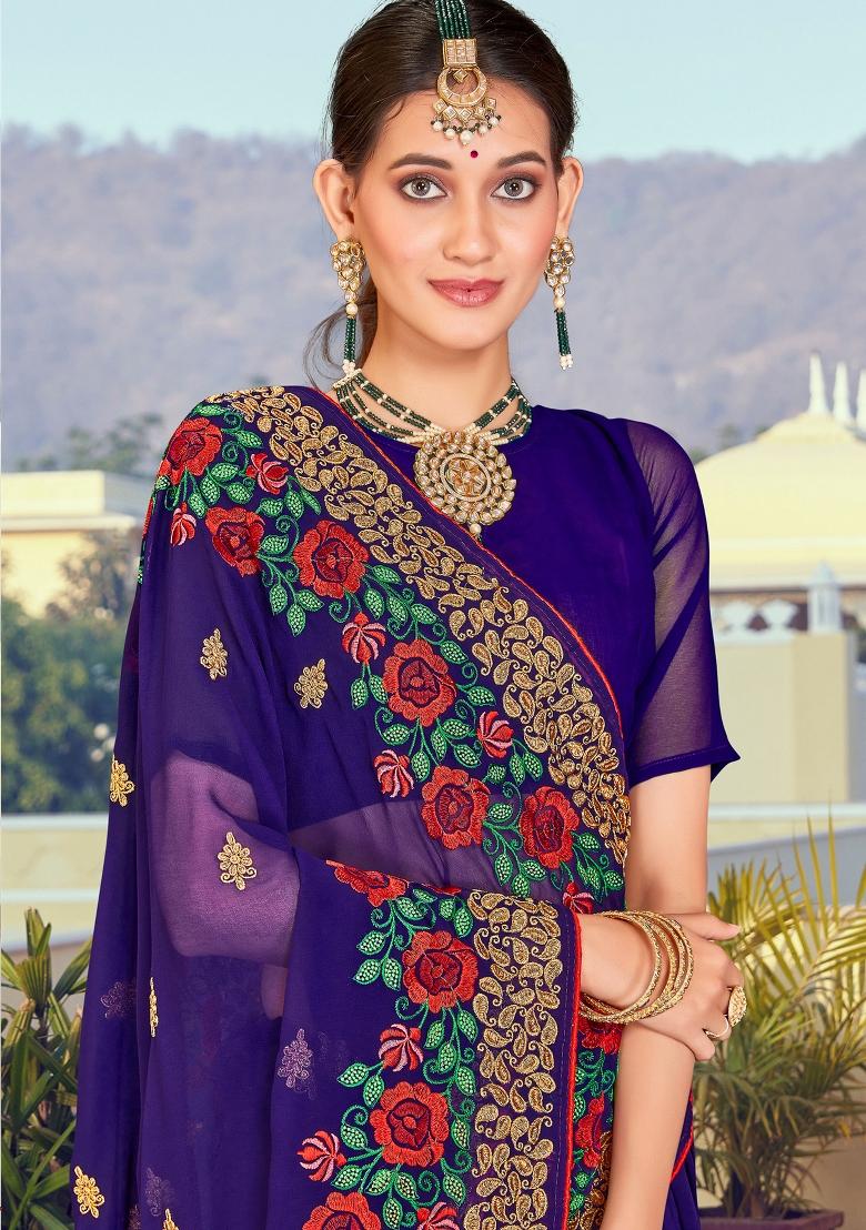 Navy Blue Embroidered Georgette Saree Set - Indya