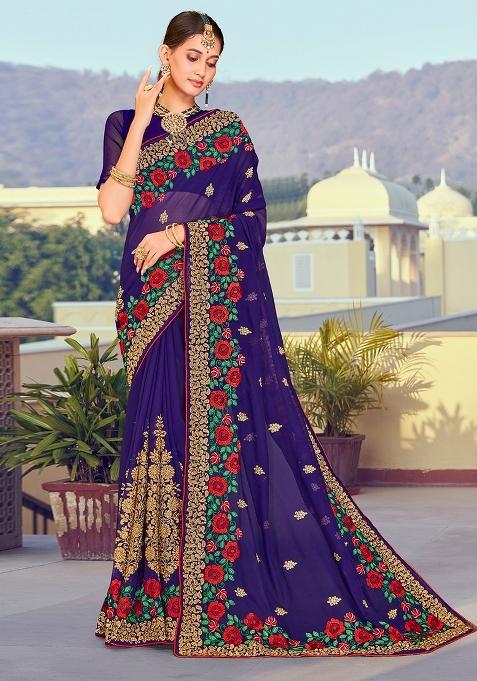 Navy Blue Embroidered Georgette Saree Set