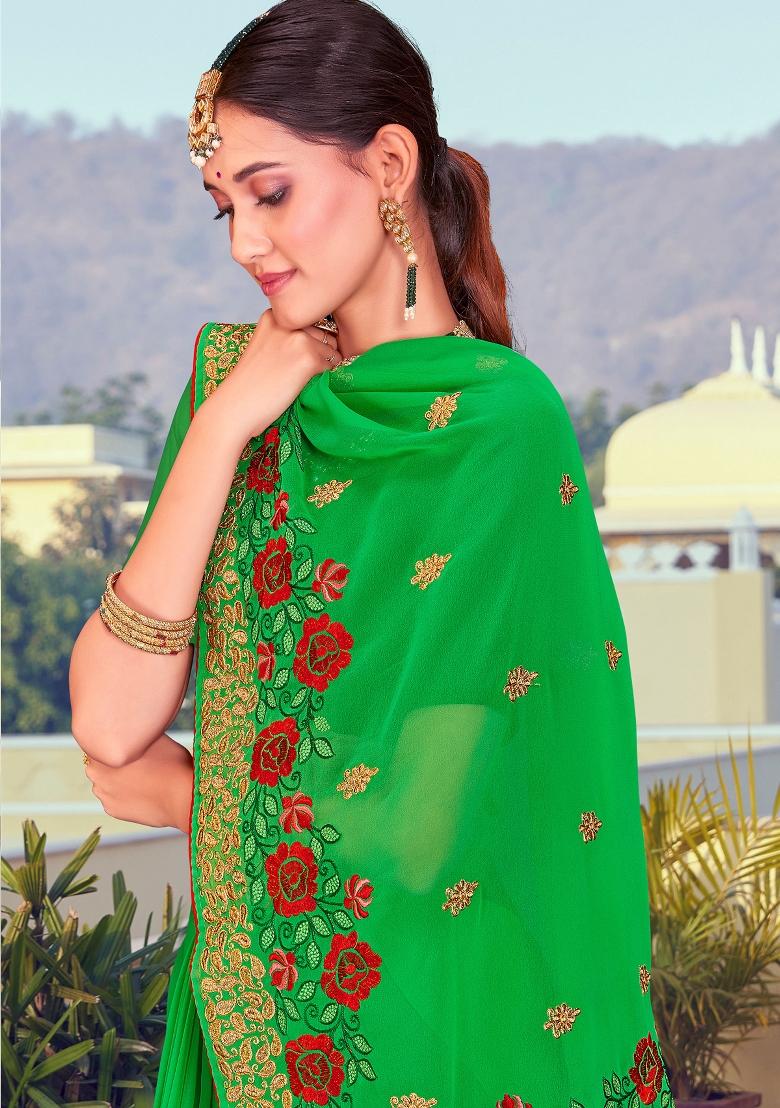 Green Embroidered Georgette Saree Set - Indya