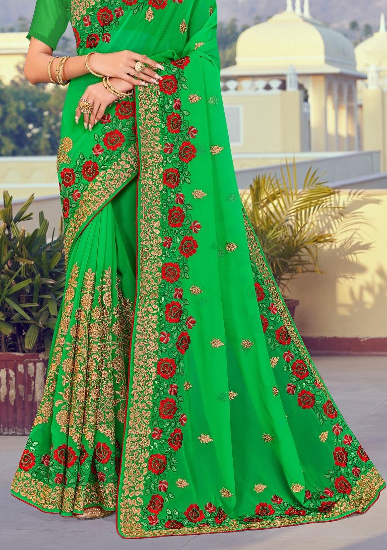 Green Embroidered Georgette Saree Set - Indya