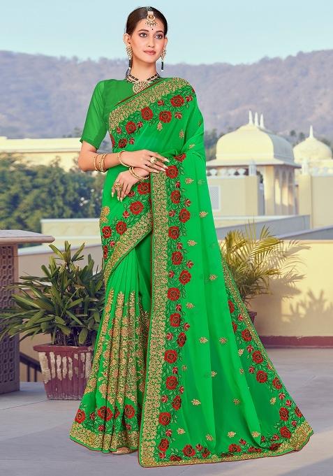 Green Embroidered Georgette Saree Set