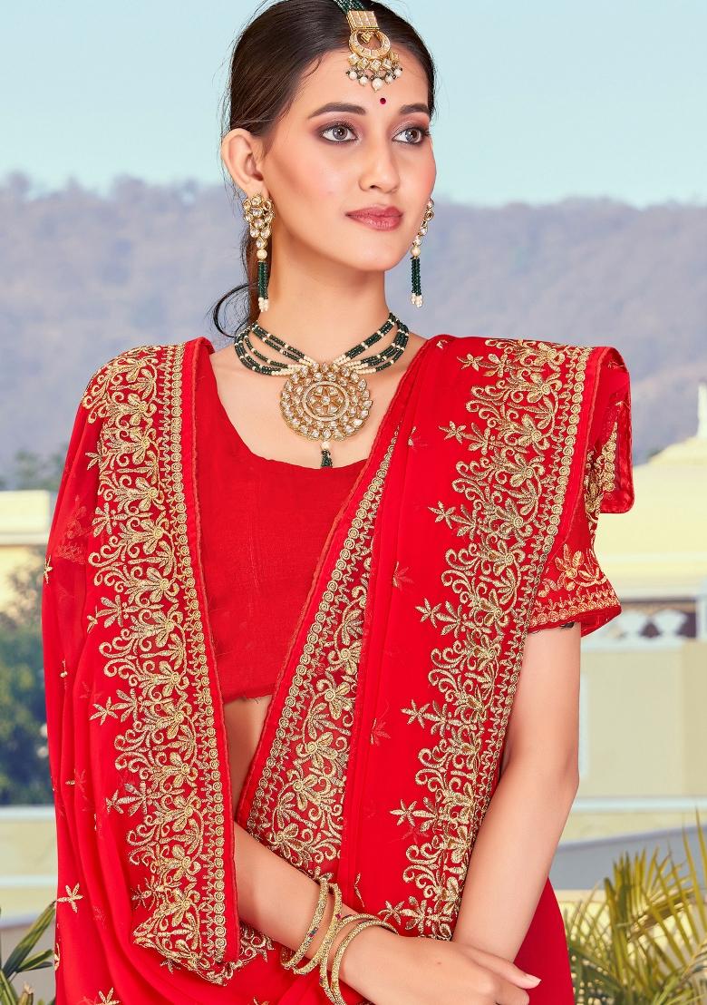 Red Embroidered Georgette Saree Set - Indya