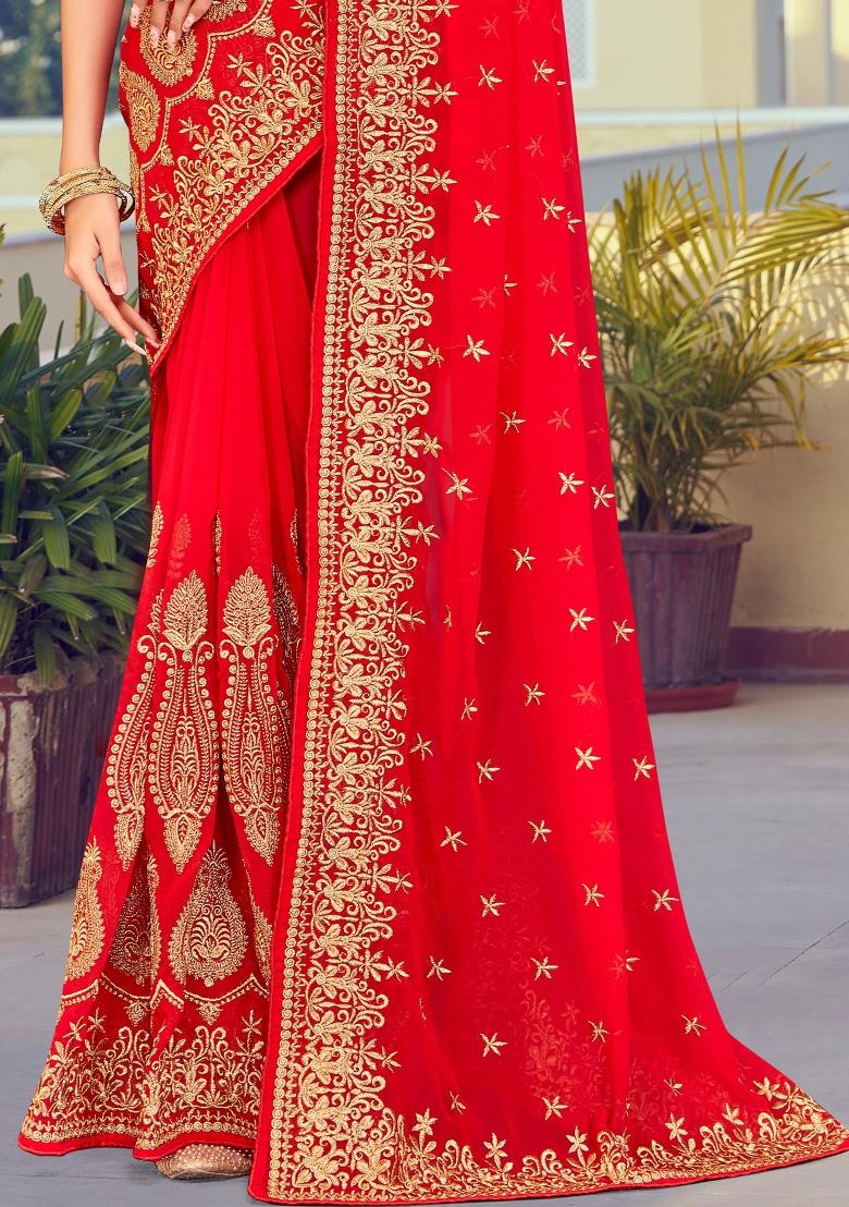 Red Embroidered Georgette Saree Set - Indya