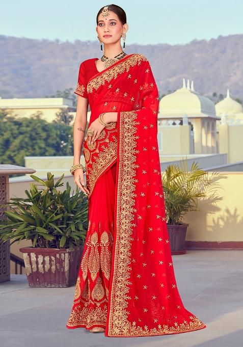 Red Embroidered Georgette Saree Set