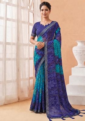 Blue Printed Chiffon Saree Set