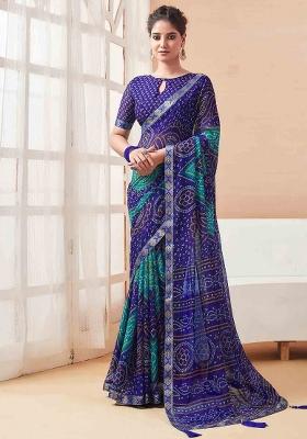 Blue Printed Chiffon Saree Set