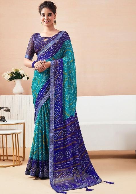 Turquoise Printed Chiffon Saree Set