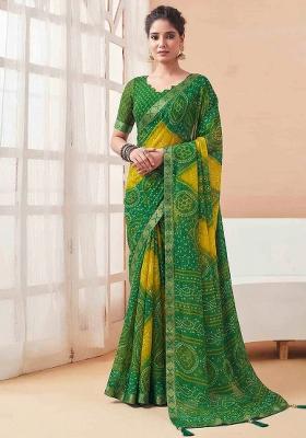 Green Printed Chiffon Saree Set