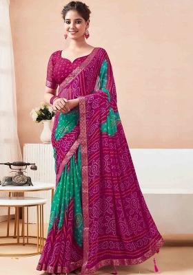 Pink Printed Chiffon Saree Set