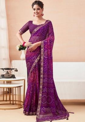 Purple Printed Chiffon Saree Set