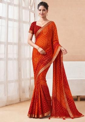 Orange Printed Chiffon Saree Set
