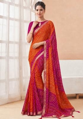 Orange Printed Chiffon Saree Set