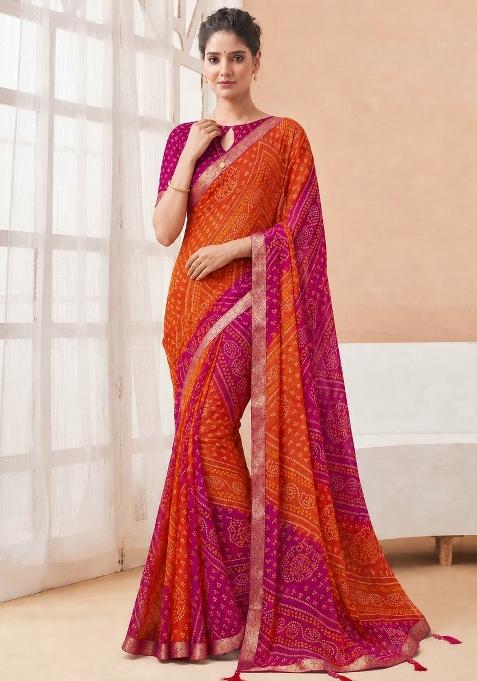Orange Printed Chiffon Saree Set