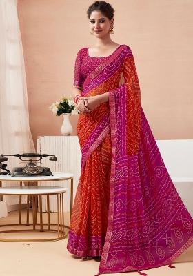 Orange Printed Chiffon Saree Set