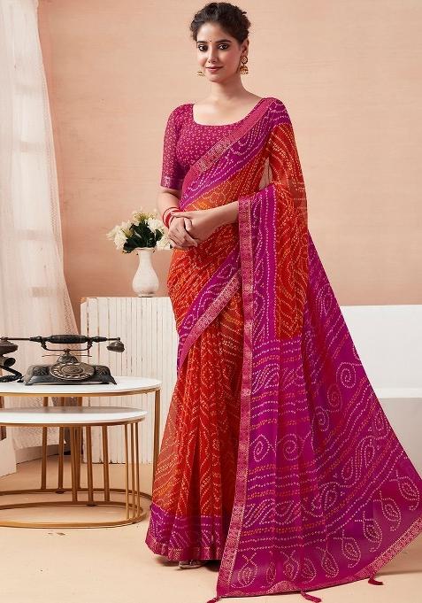 Orange Printed Chiffon Saree Set
