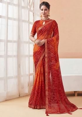 Orange Printed Chiffon Saree Set