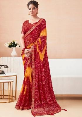 Red Printed Chiffon Saree Set