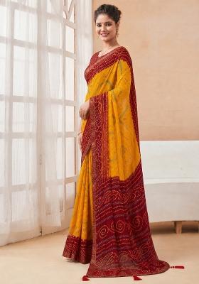 Yellow Printed Chiffon Saree Set