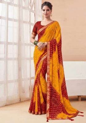 Yellow Printed Chiffon Saree Set