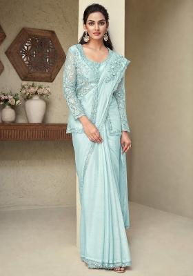 Light Sky Blue Embroidered Shimmer Saree Set