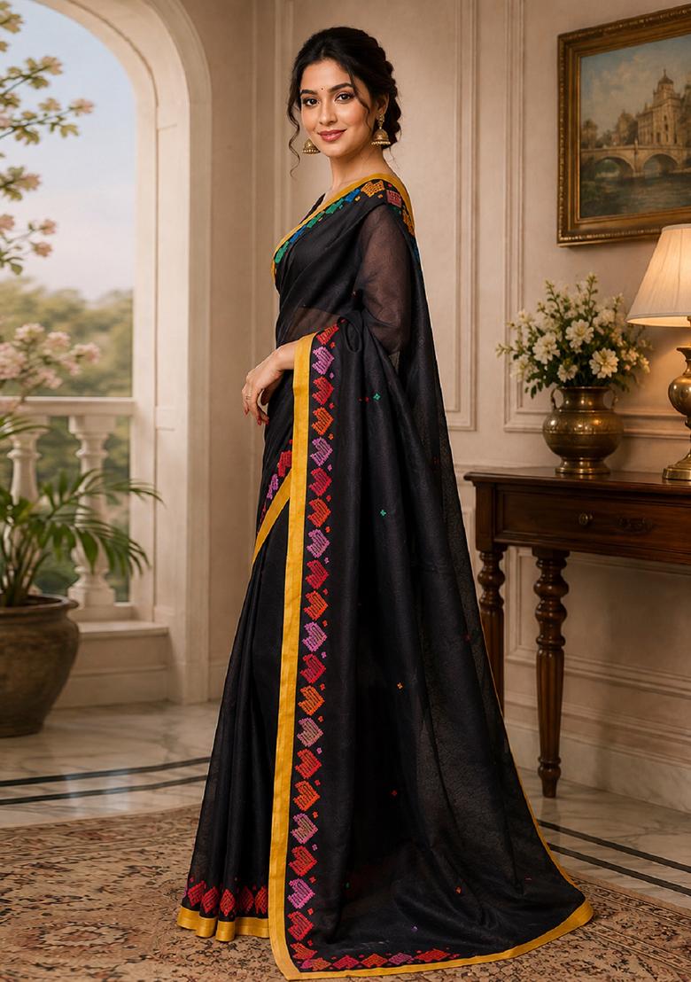 Black Printed Cotton Saree Set - Indya