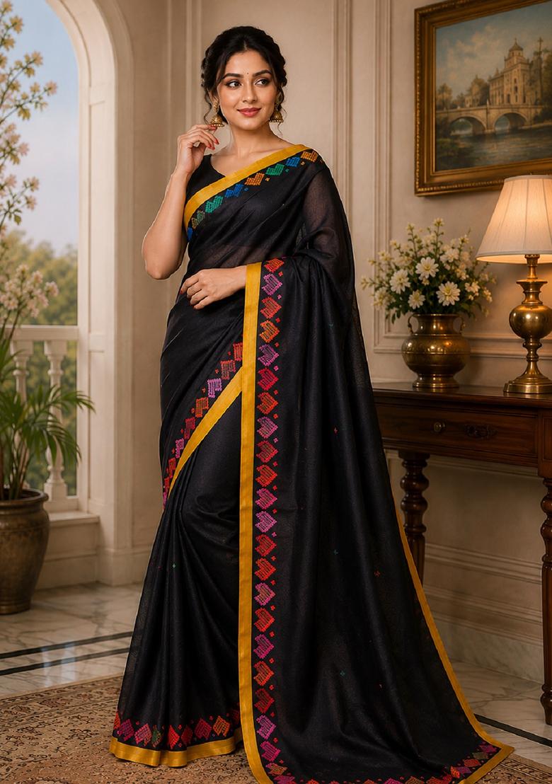 Black Printed Cotton Saree Set - Indya