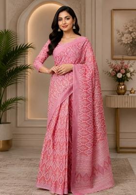 Baby Pink Printed Cotton Saree Set