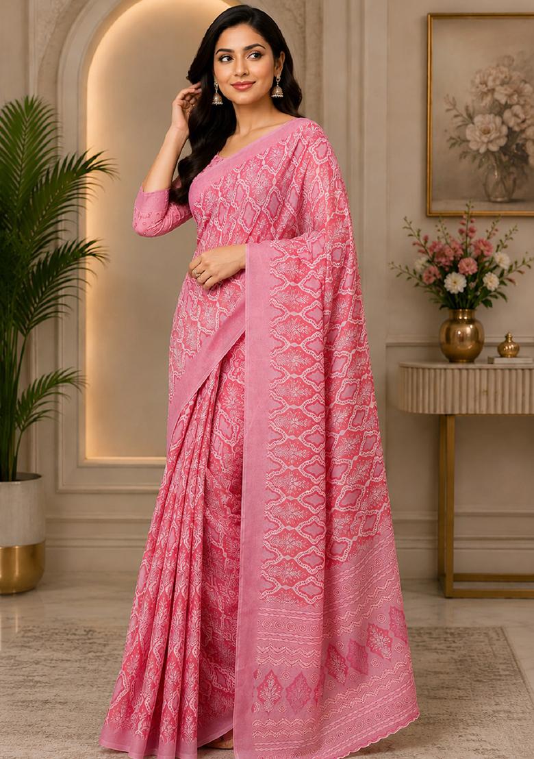 Baby Pink Printed Cotton Saree Set - Indya